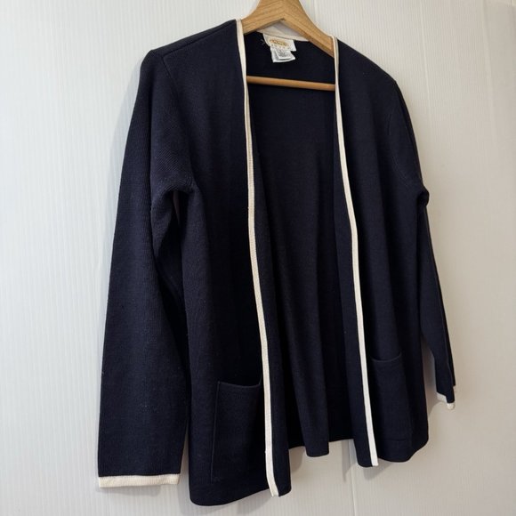 Talbots 100% Silk Open Front Cardigan Navy W/ivory Trim Women's Size P - Picture 3 of 16